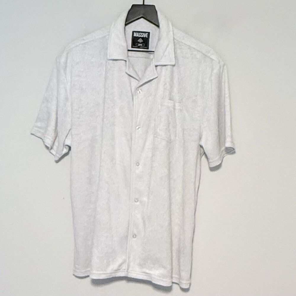 Massive Terry Cloth Button-Up Sz L Chenille Resort Casual Camp Beach